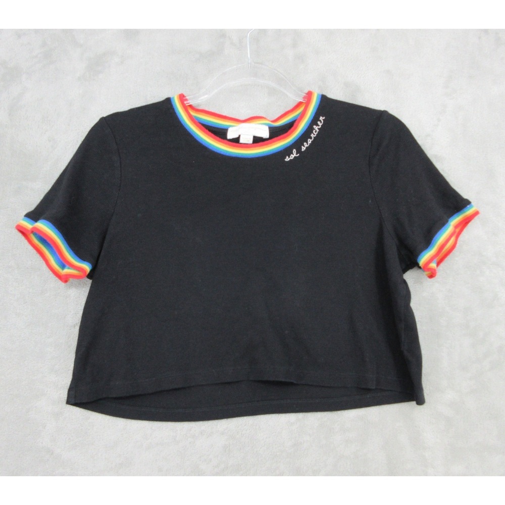 Spiritual Gangster T Shirt Womens Size L Black Sol Searcher Rainbow Cropped Tee